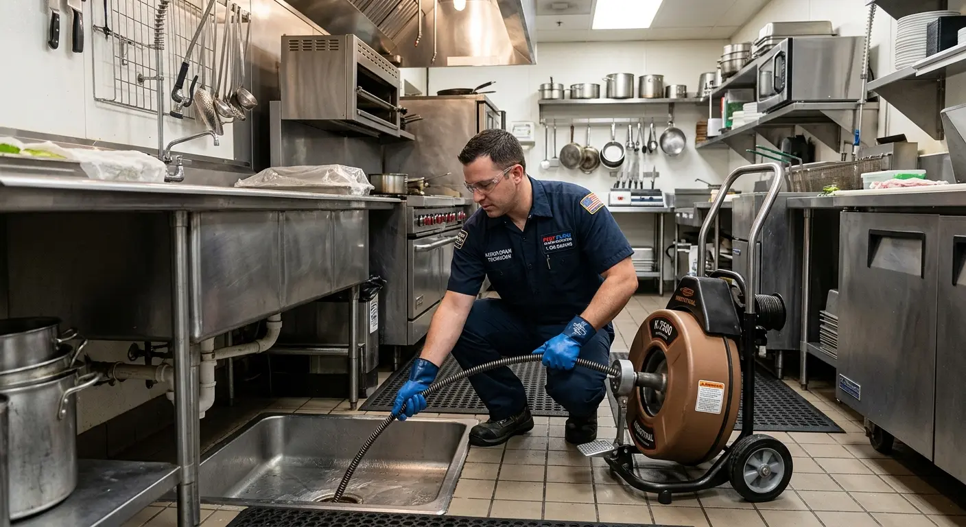 Commercial drain cleaning service in a restaurant kitchen in Lompoc