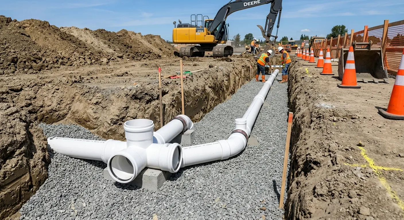 New PVC sewer pipe installation in open trench for Sewer Backup in Lompoc