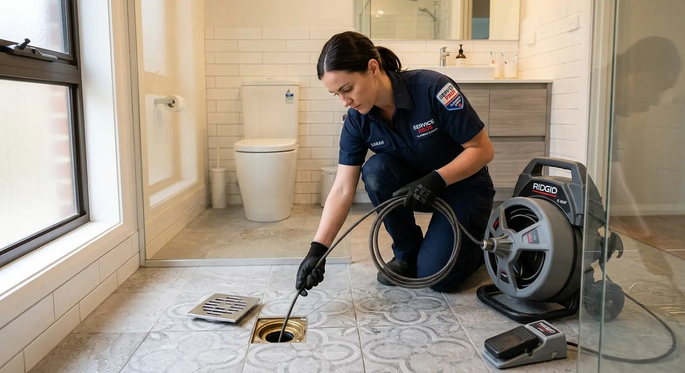 Technician clearing a bathroom floor drain for Drain Cleaning in Lompoc